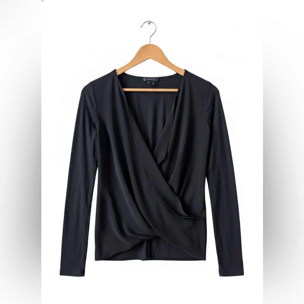 Theory Black Draped Wrap-Style Long Sleeve Blouse
